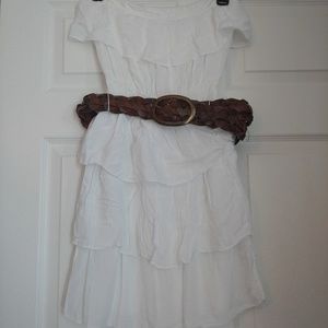 White strapless dress with brown belt